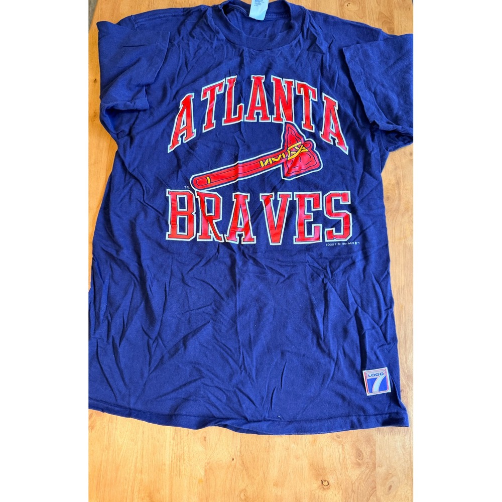 Vintage 1991 Atlanta Braves Logo 7 T-Shirt Mens XL Navy Blue MLB Made in USA